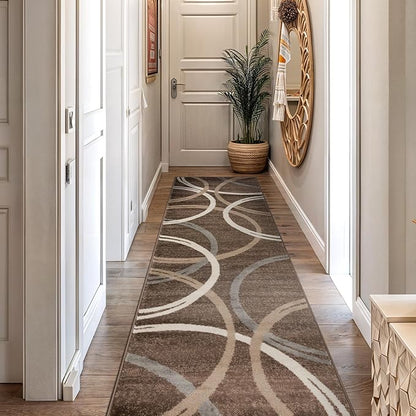 Rugshop Modern Wavy Circles Design Runner Rug, Carpet with Jute Backing for Hallway, Entryway, or Kitchen, Brown, 2'7" x 12'