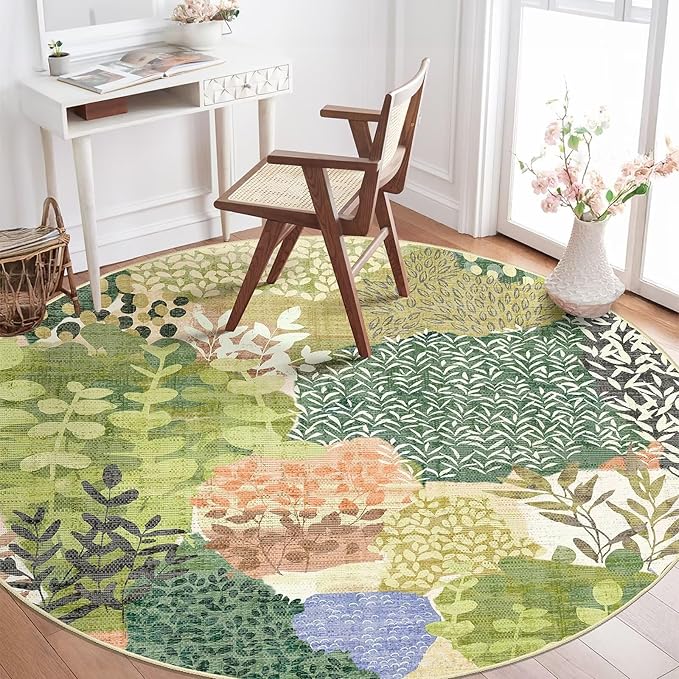 DEXDE Round Rug 6ft Washable Circle Area Rugs Non Slip Low Pile Boho Floral Large Circular Carpet for Bedroom Bathroom Entryway Kids Room Office Dining Room,Green