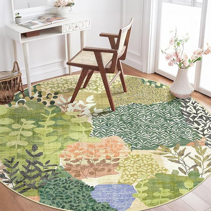 DEXDE Round Rug 6ft Washable Circle Area Rugs Non Slip Low Pile Boho Floral Large Circular Carpet for Bedroom Bathroom Entryway Kids Room Office Dining Room,Green