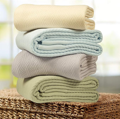 Threadmill Luxury Cotton Blankets for Twin Size Bed | All-Season 100% Cotton Twin Blanket for Bed | Herringbone Soft & Cozy Fall Thermal Blanket, 350GSM, 68x92 inches | Tusk White