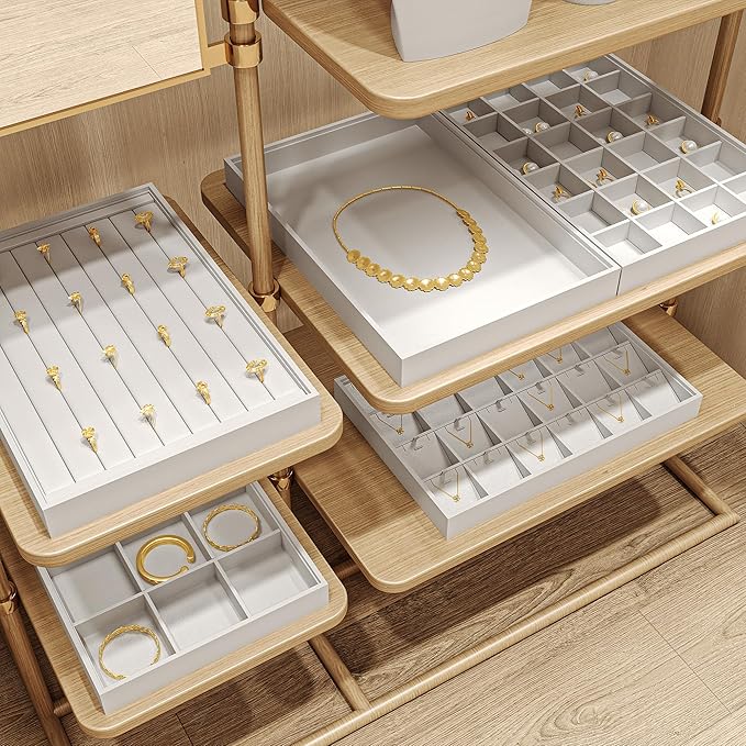 Oirlv Premium White Leather Stackable Jewelry Tray Ring Holder Organizer Showcase Ring Earring Display