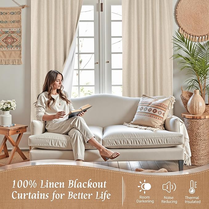 LAMIT 100% Blackout Linen Curtains, 63 Inches Linen Textured Thermal Bedroom Curtains Back Tab and Rod Pocket Neutral Panels with White Liner for Farmhouse, 2 Panels, 38 x 63 Inch