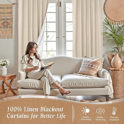 LAMIT 100% Blackout Natural Linen Curtains, 63 Inches Linen Textured Thermal Bedroom Curtains Back Tab and Rod Pocket Neutral Panels with White Liner for Farmhouse, 2 Panels, 52 x 63 Inch