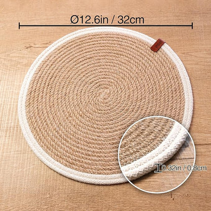 Round Placemats Set of 4, Handmade by Braided Natural Jute with White Cotton Cord, Dia. 12.6 Inch, Heat Resistant, Doublesided, Light Brown
