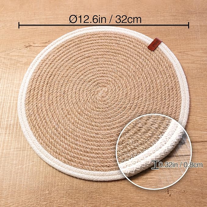 Round Placemats Set of 6, Handmade by Braided Natural Jute with White Cotton Cord Edges, Dia. 12.6 Inch, Heat Resistant, Doublesided, Light Brown
