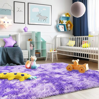 Small Rugs for Bedroom, Fuzzy Throw Rug for Living Room Dorm, Soft Fluffy Bedroom Rug, Non Slip Shag Rugs, Modern Indoor Home Decor Aesthetic, 2x3 Feet, Tie-Dyed Purple