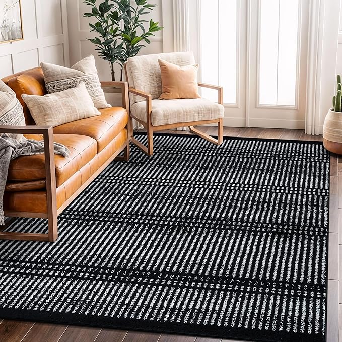 Rugshop Contemporary Stripe Lines High Traffic Living Room,Bedroom,Kitchen, Home Office Area Rug 5' x 7' Black