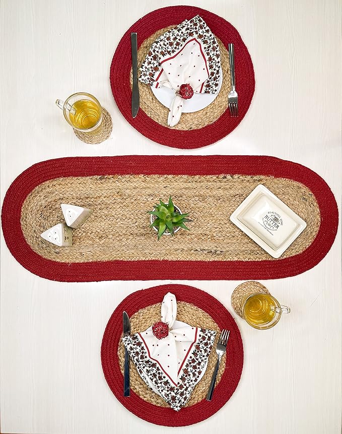 CHARDIN HOME Round Verona Woven Jute & Cotton Braided PLACEMAT (Set of 4), Size -15 inch, Round, Color - Natural Jute with Red Border