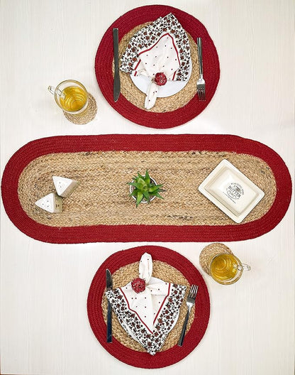 CHARDIN HOME Round Verona Woven Jute & Cotton Braided PLACEMAT (Set of 4), Size -15 inch, Round, Color - Natural Jute with Red Border