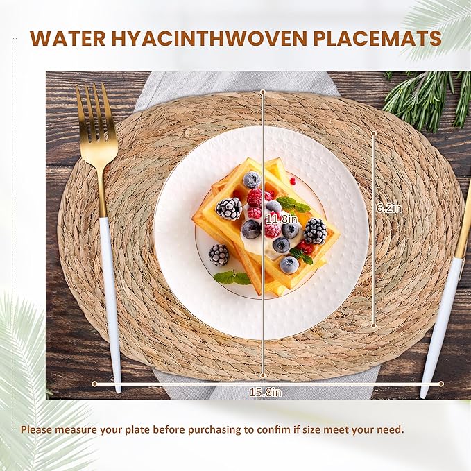 Defined Deco Woven Placemats Set of 10,16"x12"Braided Oval Rattan Table Mats,Farmhouse & Boho Vintage Style for Christmas Dining, Kitchen, and Party Decor