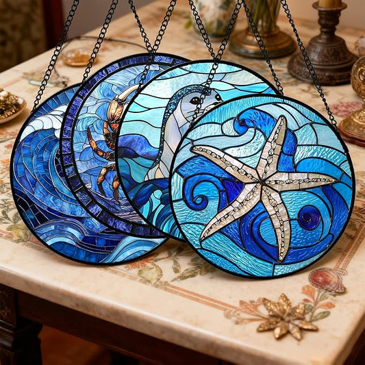 DASTOLL Stained Glass Window Hanging 4 Pcs Set Blue Ocean Waves Large 15" - Starfish Crab Seal Suncatcher Door Garden Sun Catcher Decor Birthday for Mom Woman Nana Men Friend
