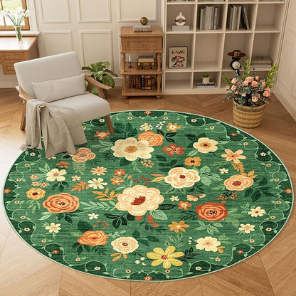 DUKINO Floral Round Rug, 6ft Washable Circle Rug, Non Slip Indoor Low Pile Circle Rug, Soft Small Boho Design Carpet for Bedroom, Entryway, Living Room, Dining Room, Dark Green