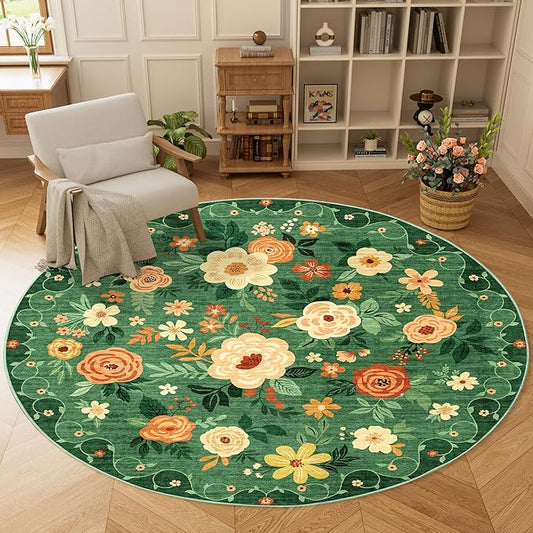 DUKINO Floral Round Rug, 6ft Washable Circle Rug, Non Slip Indoor Low Pile Circle Rug, Soft Small Boho Design Carpet for Bedroom, Entryway, Living Room, Dining Room, Dark Green