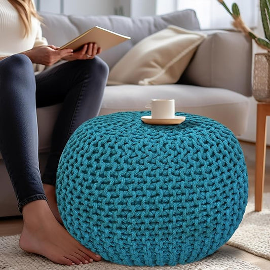 COTTON CRAFT Round Pouf - Hand Knitted Cotton Braid Cord Cable Dori Floor Pouf - Foot Stool - Ottoman Footrest Accent Seat Furniture Bean Bag - Living Room Kids Room Nursery Dorm Décor - 20x14 - Teal