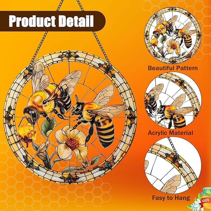 Bee Window Hangings Decor - Acrylic Sun Catcher Ornaments with Hook & Chain,Art SunCatcher Pendant for Gifts Indoor Outdoor Home Wall Living Room Spring Summer Decoration (Double Bee)