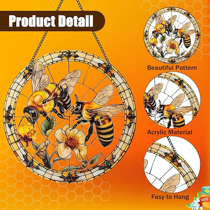 Bee Window Hangings Decor - Acrylic Sun Catcher Ornaments with Hook & Chain,Art SunCatcher Pendant for Gifts Indoor Outdoor Home Wall Living Room Spring Summer Decoration (Double Bee)