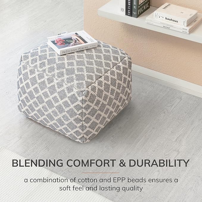 Anji Mountain 100% Handmade & Handcrafted Comfortable Home Décor Pouf Ottoman Footrest for Living Room, Bedroom, Nursery, Kidsroom, Patio Furniture - (22" x 22" x 16"- Gray,Ivory)
