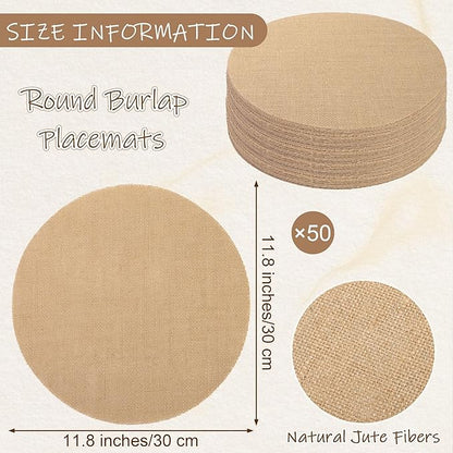 Kochorie 50 Pieces Burlap Placemats 11.8 Inch Round Reusable Brown Table Mats Natural Jute Fibers Placemats Bulk Circle Rustic Table Decorations for Dining Wedding Holiday Farmhouse Supplies