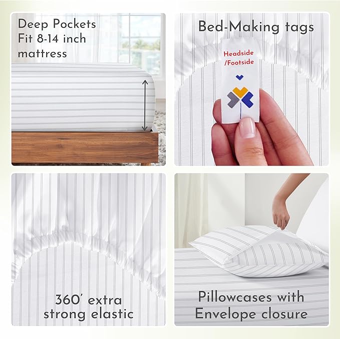 California Design Den Full Sheet Set Stripe, 100% Cotton, Deep Pocket Full Sheets & Pillowcase Set, Soft Sateen Weave - Classic Stripe