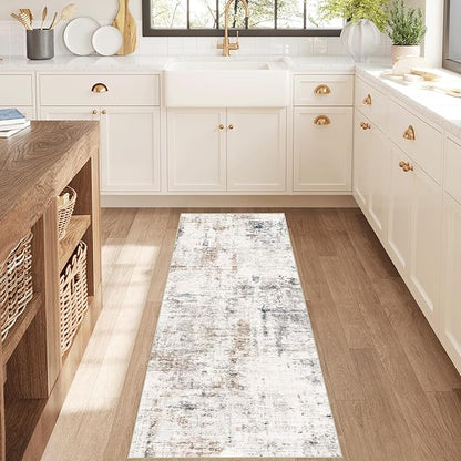 FMFUNCTEX 2x6 Runner Rug Washable Brown and Blue Neutral Modern Abstract Entryway Non Slip Low Pile Soft Accent Hallway Indoor Carpet for Kitchen Living Room Bedroom Bathroom Laundry Entrance Bedside