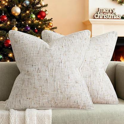a moment Christmas Beige Reversible Pillow Covers 2 Pack - Farmhouse Chenille Throw Pillows, Neutral Textured Decorative Throw Pillow Covers with Border for Couch Sofa Bed (18x18 Inch, No Insert)