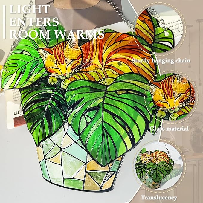 Cat Stained Glass Suncatcher Window, Cat Sun Catchers Indoor Window, Suncatcher for Mom/Women (Orange)