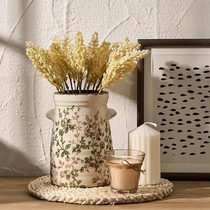 SIDUCAL Ceramic Green and Beige Retro Vase with Two-Ear, 7.6 Inch Ice Cracked Vintage Pastoral Vase, Rustic Farmhouse Vases for Home Decor, Table, Living Room, Shelf Decor, Chinoiserie Decor