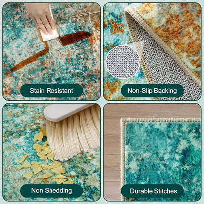 Washable Area Rugs for Living Room 9x12 - Large Neutral Modern Abstract Rug, Soft Low Pile Carpet with Non Slip Backing for Under Dining Room Table, Bedroom, Home, Office, Dorm - Teal Brick