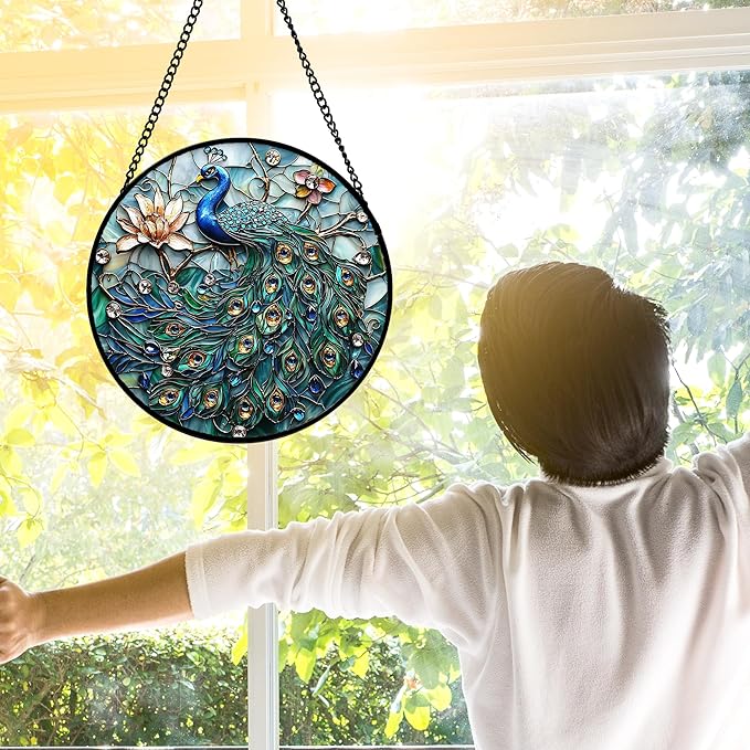 Stained Glass Window Hanging,Bonfire Beach Landscape Suncatcher Diamond Glass Panel Sun Catchers Decor for Birthday for Women, Men, Wife, Aunt, and Mom 6.3 in