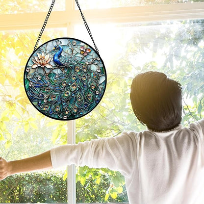 Stained Glass Window Hanging,Bonfire Beach Landscape Suncatcher Diamond Glass Panel Sun Catchers Decor for Birthday for Women, Men, Wife, Aunt, and Mom 6.3 in