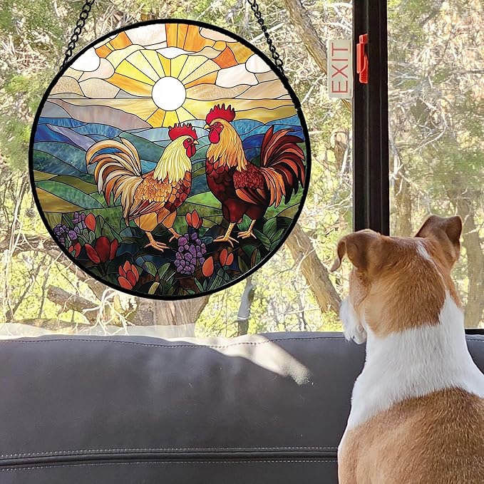 Stained Glass Window Hanging, Countryside Scenery Chicken Sun Catcher for Door Home Decor Sunrise Suncatcher Christmas Mother's Day Birthday Gifts for Women Men Mom Nana 9.8 in