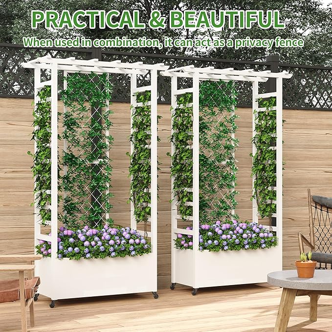 Raised Garden Bed with Trellis & Hanging Roof, Weatherproof Metal Planter Box with Wheels, Garden Arch Trellis for Outdoor Climbing Plants Vines Flowers, 74" H x 44" L x 17" W, White