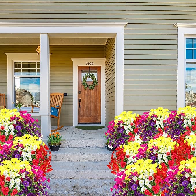 Artificial Flowers for Outdoors 12 Bundles Realistic Faux Plants UV Resistant Fake Silk Morning Glory with Eucalyptus for Front Door Planter Patio Porch Spring Summer Decoration (6 Mixed Color)