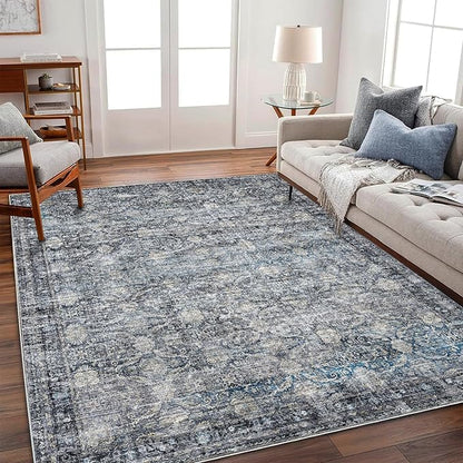 Washable Area Rug 4'x6' Traditional Floor Cover Foldable Thin Rugs Retro Kitchen Indoor Distressed Non Slip Carpet Floral Print Mat Bedroom Living Room