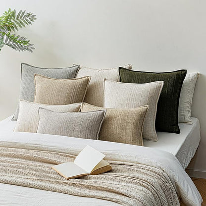 a moment Linen Pillow Covers Set of 2,Boho Farmhouse Throw Pillowcases Neutral Textured Decorative Covers for Couch Sofa Bed, Soft Linen Blend Accent Case Cushion Living Room Home Decor 18"x18"Khaki