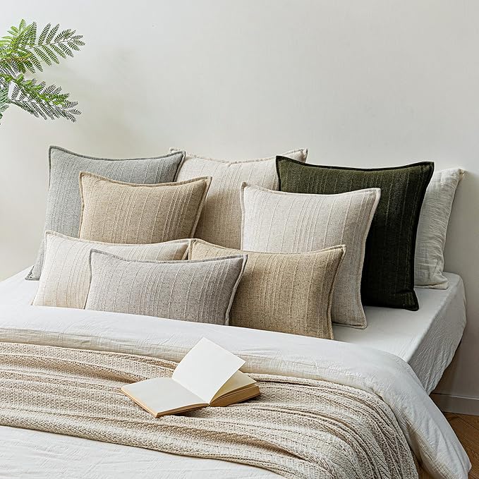 a moment Linen Pillow Covers Set of 2,Boho Farmhouse Throw Pillowcases Neutral Textured Decorative Covers for Couch Sofa, Linen Blend Accent Case Cushion Living Room Home Decor 26"x26" Beige Grey