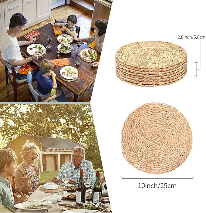 Woven Placemats Set of 8, 10 Inch Medium Rattan Placemats Wicker Place Mats,Natural Farmhouse Jute Braided Table Runner for Kitchen Countertops, Housewarming Gift,Table, Home Decor