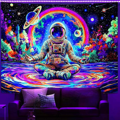 Haibimen Blacklight Astronaut Tapestry Wall Hanging Space Galaxy Travel Funny Meditation Tapestries for Bedroom Colorful Aesthetic Cool Wall Art for Guys Gamer Room Dorm Living Room (Yoga, 60''×44'')