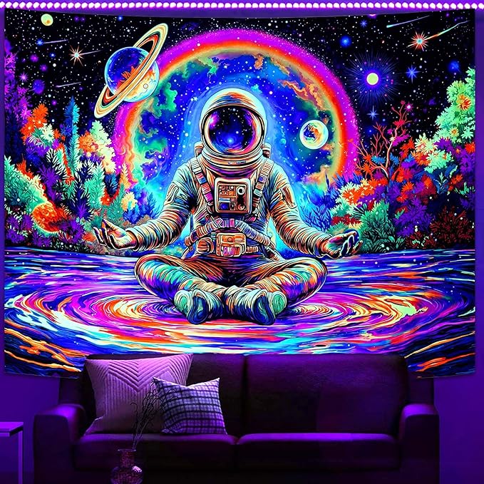 Haibimen Blacklight Astronaut Tapestry Wall Hanging Space Galaxy Travel Funny Meditation Tapestries for Bedroom Colorful Aesthetic Cool Wall Art for Guys Gamer Room Dorm Living Room (Yoga, 80''×60'')