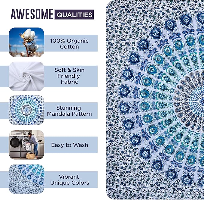 raajsee White Blue Tapestry- Best Mandala Wall Hanging- Bedding Tapestry For Bedroom Aesthetic-Size QUEEN 210 X 220 CMS