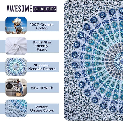 raajsee White Blue Tapestry- Best Mandala Wall Hanging- Bedding Tapestry For Bedroom Aesthetic-Size QUEEN 210 X 220 CMS