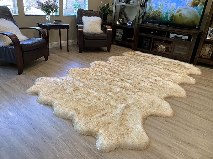 LAMBZY Faux Sheepskin Super Soft Hypoallergenic Silky Shag Rug for Living Room, Kids Room, Sofa (Decto 10 Pelts 6'x10', White/Brown Tips)