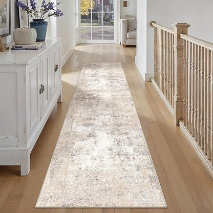 3x12 Washable Runner Rug Beige Grey Abstract Hallway Kitchen Throw Rug Neutral Modern Non Slip Soft Low Pile Carpet for Bathroom Laundry Bedroom Living Room