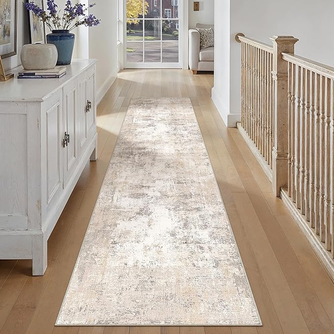 2'6x10 Washable Runner Rug Beige Grey Abstract Hallway Kitchen Throw Rug Neutral Modern Non Slip Soft Low Pile Carpet for Bathroom Laundry Bedroom Living Room