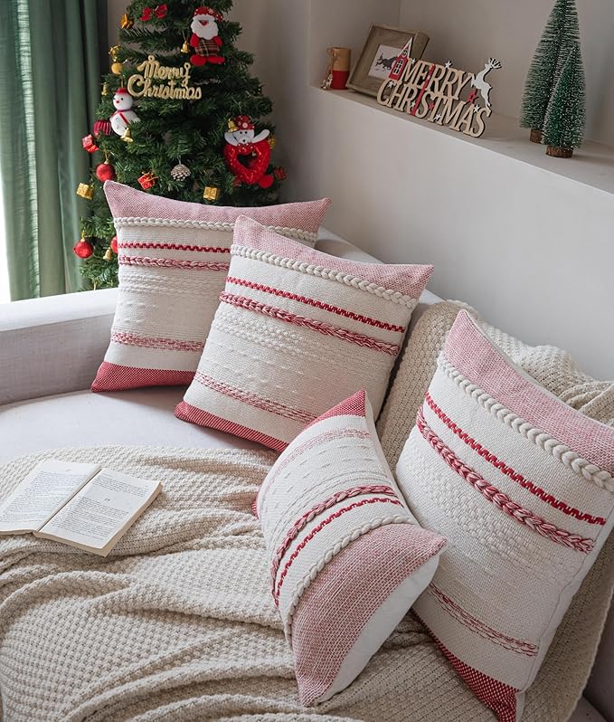 Valentines Pillow Covers 12x20 Inch Set of 2, Red Textured Boho Valentines Day Decoration Couch Pillow Cases for Farmhouse Home Decor, Accent Cushion Cover for Sofa, Bed, Living Room, Bedroom