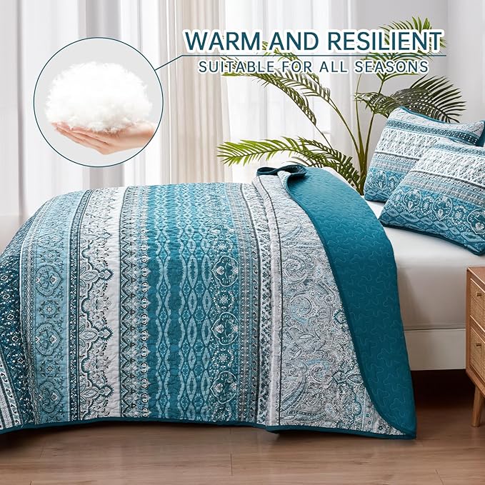 WONGS BEDDING Boho Queen Quilt Set, Teal and Blue Bohemian Quilt Bedding Set, Lightweight Bed Decor Bedspread for All Season Reversible Microfiber Coverlet Bedding Set 96"x90"(3 Pieces)