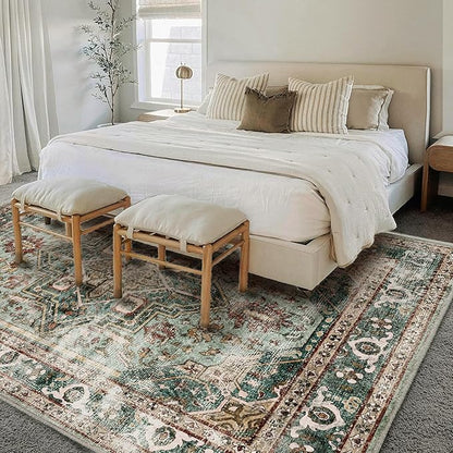 Green Area Rug 9'x12' Washable Vintage Traditional Mat Distressed Indoor Foldable Thin Retro Accent Floral Print Rug Non Slip Carpet for Living Room Dining Room Office