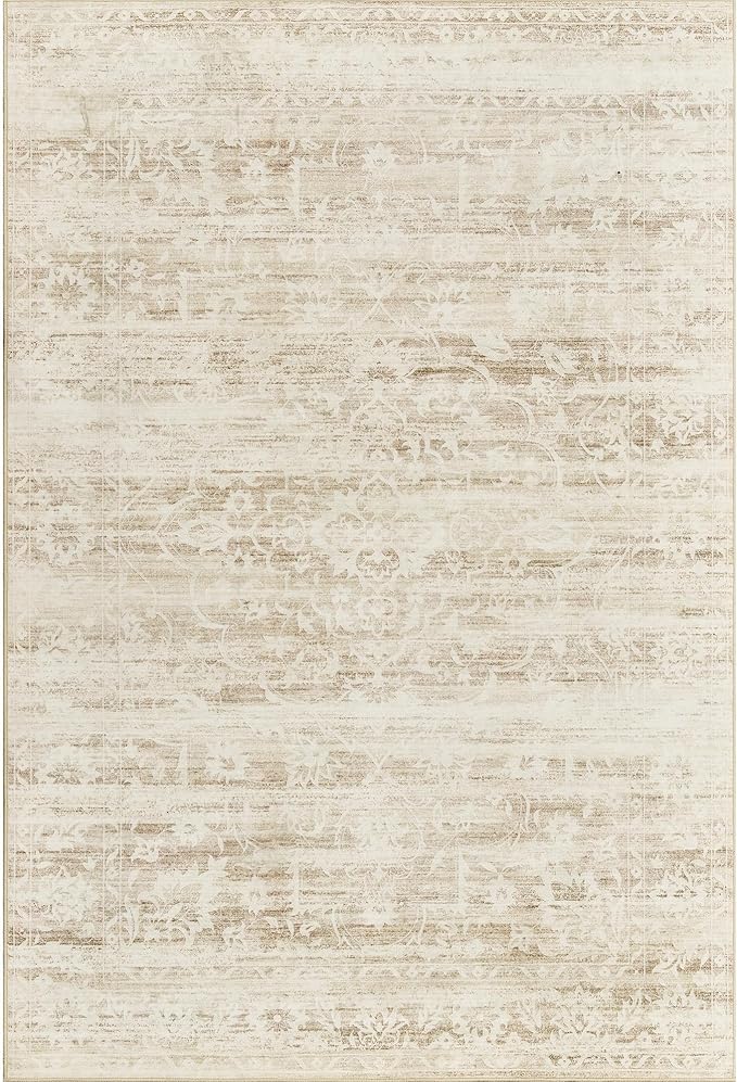 6x9 Area Rugs for Living Room, Stain Resistant Neutral Washable Rugs for Dining Room, Floral Vintage Non-Slip Thin Area Rug Farmhouse Rug Beige Ivory