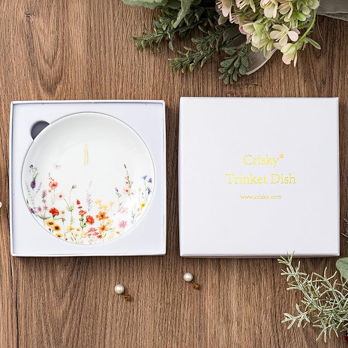 Crisky Initial Jewelry Tray Ring Dish & Gift Box, Ceramic Flower Trinket Dish for Rings Earrings Necklaces Keys, Bridal Shower Engagement Birthday Gift for Women, Friends 4.57" (Gold Foil J