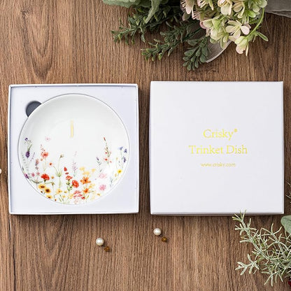 Crisky Initial Jewelry Tray Ring Dish & Gift Box, Ceramic Flower Trinket Dish for Rings Earrings Necklaces Keys, Bridal Shower Engagement Birthday Gift for Women, Friends 4.57" (Gold Foil J